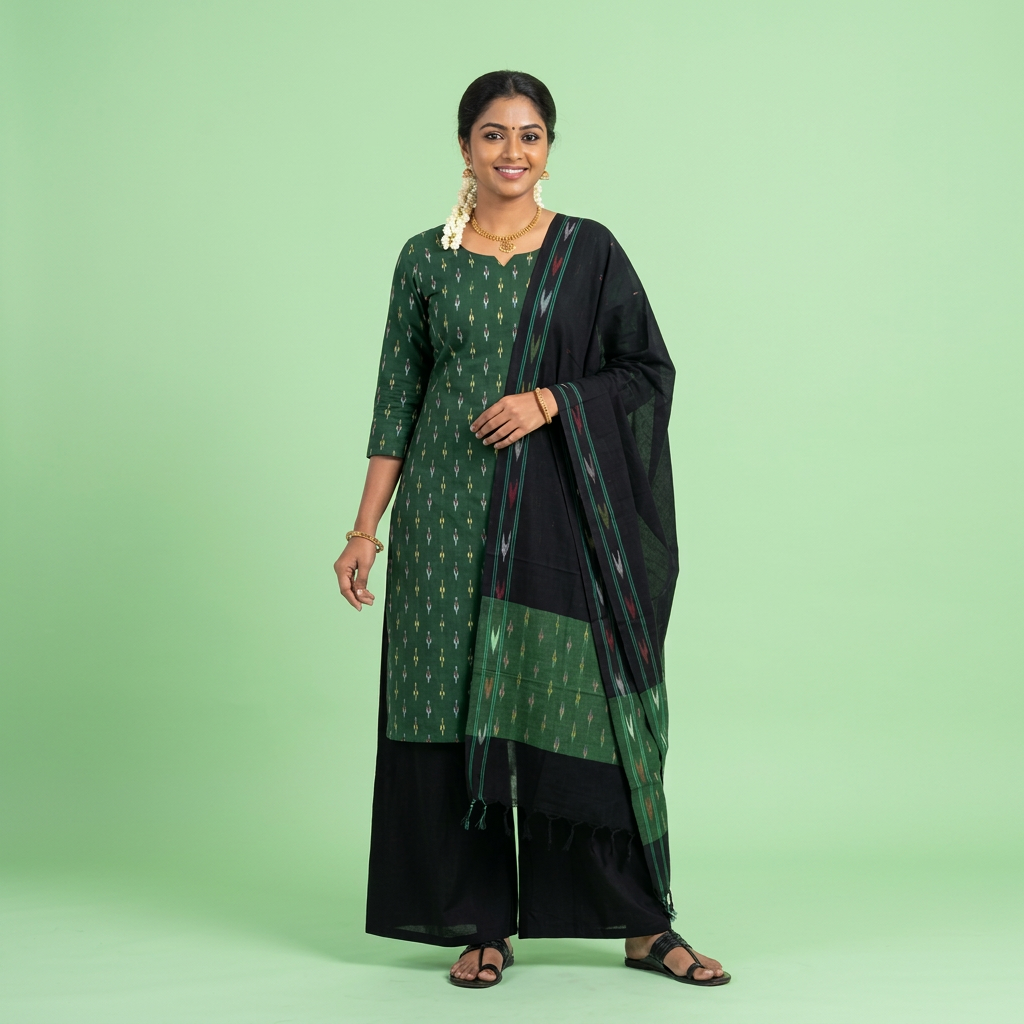Pochampally Ikkat Dark Green and Black Wave Kurti Set
