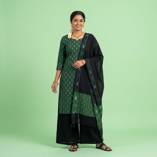 Pochampally Ikkat Dark Green and Black Wave Kurti Set