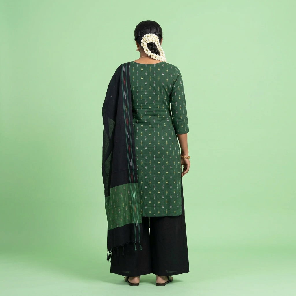 A folded Indian ethnic wear fabric set laid out on a bed, including a green patterned dupatta, a black kurta, and a black palazzo pant, with yellow labels identifying each piece.