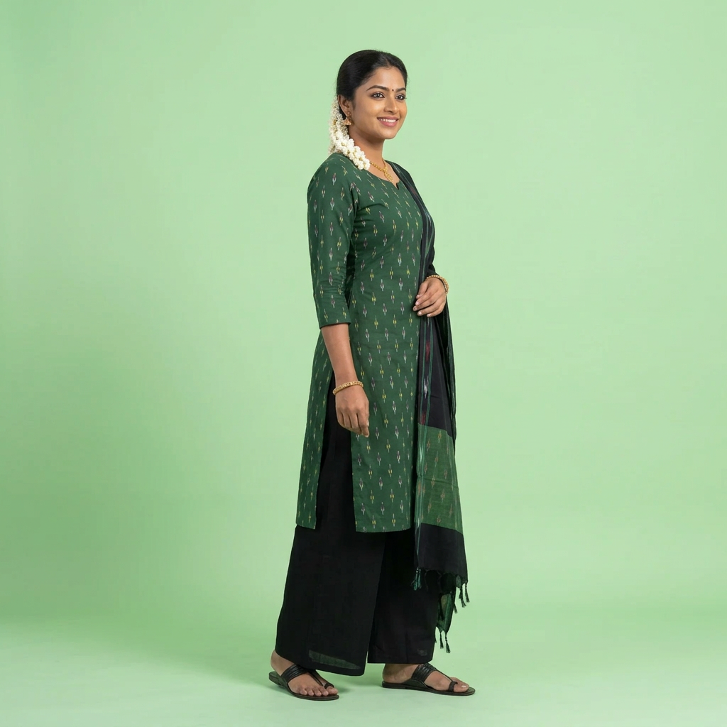 A folded Indian ethnic wear fabric set laid out on a bed, including a green patterned dupatta, a black kurta, and a black palazzo pant, with yellow labels identifying each piece.