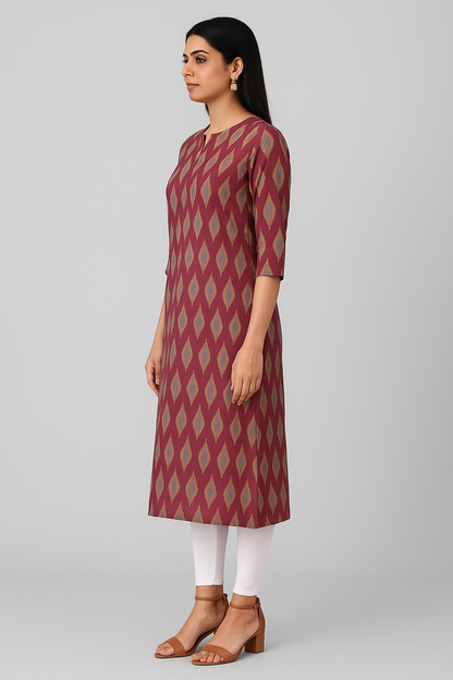 Pochampally Ikkat Red and White 2 Pcs Kurti Set