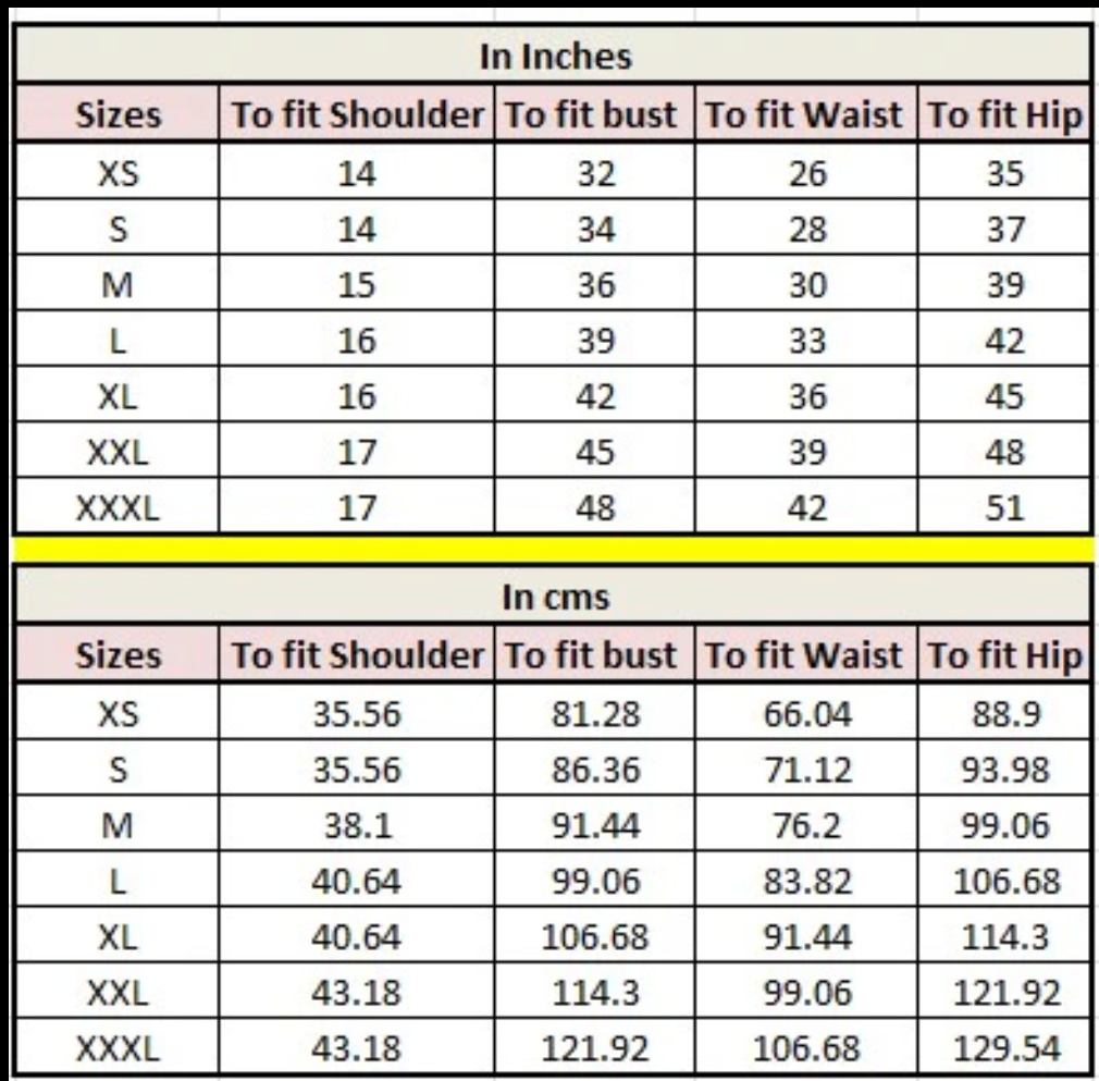 Measurement chart for clothing sizes in both inches and centimeters.