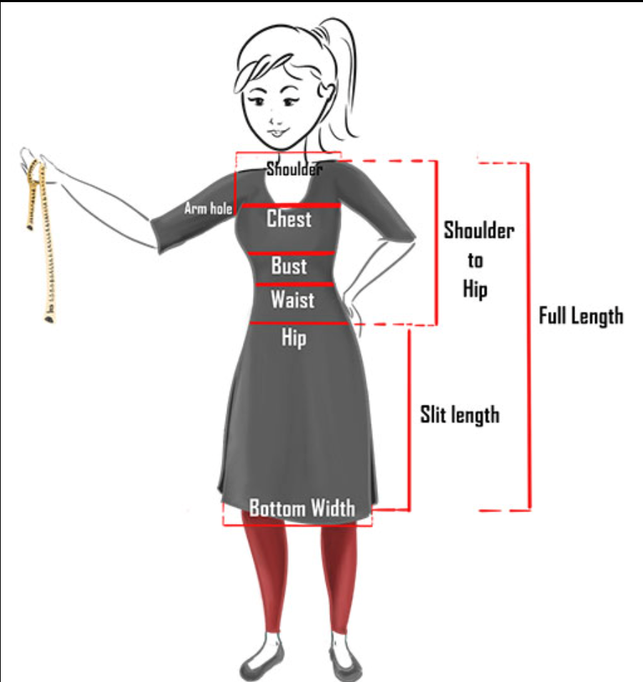 Diagram of a gray dress with labeled measurements on a white background