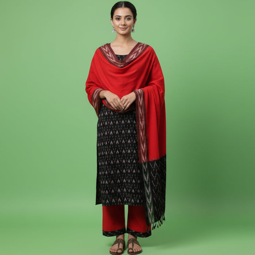 Woman wearing a black and red traditional outfit with a red scarf on a white background