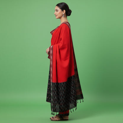 Woman wearing a red and black traditional outfit with a patterned shawl on a gray background