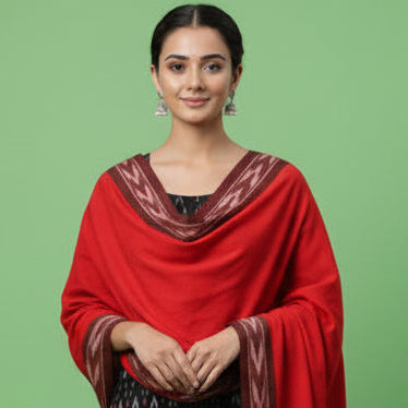 Woman wearing a red and black traditional outfit on a green background