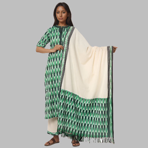 Woman holding a green and white patterned scarf on a white background