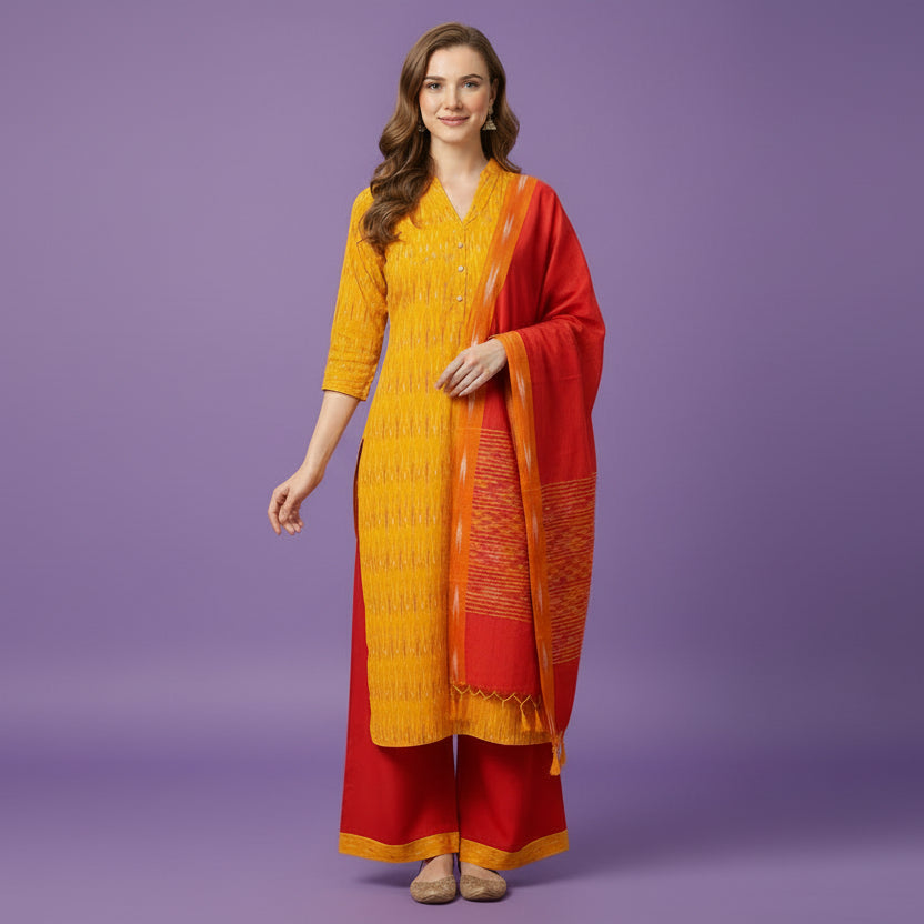 Woman wearing a yellow and red traditional outfit with a matching dupatta on a white background