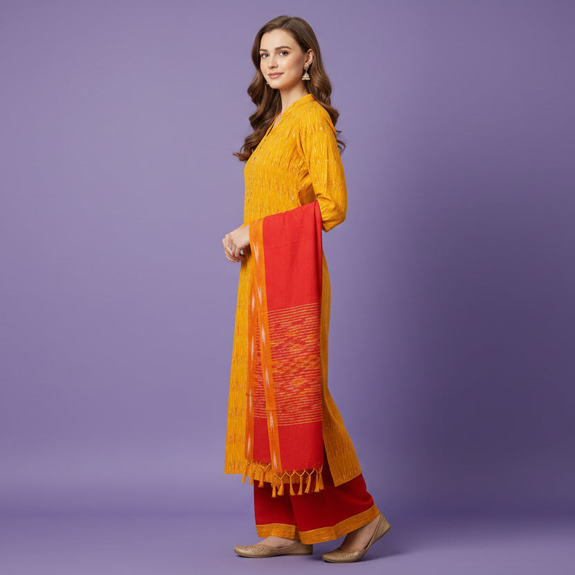 Woman wearing a red and orange traditional outfit on a gray background