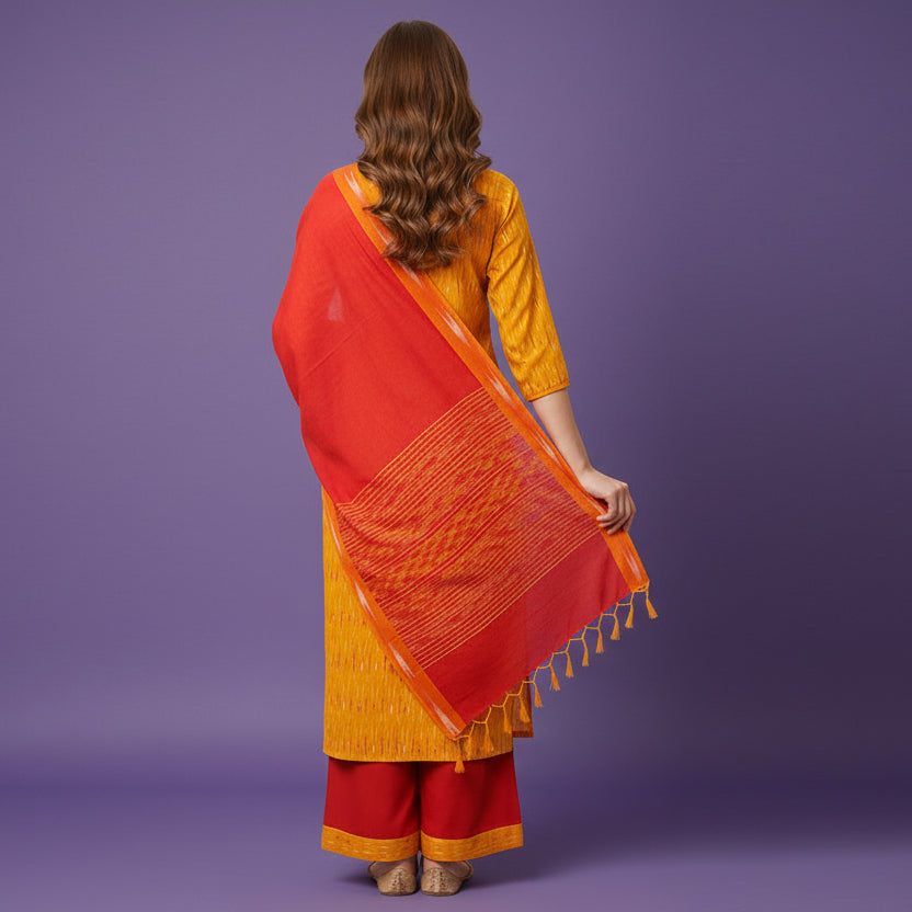 Woman wearing a red and orange traditional outfit on a gray background