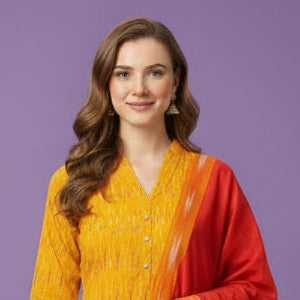 Woman wearing a yellow and red traditional outfit on a purple background