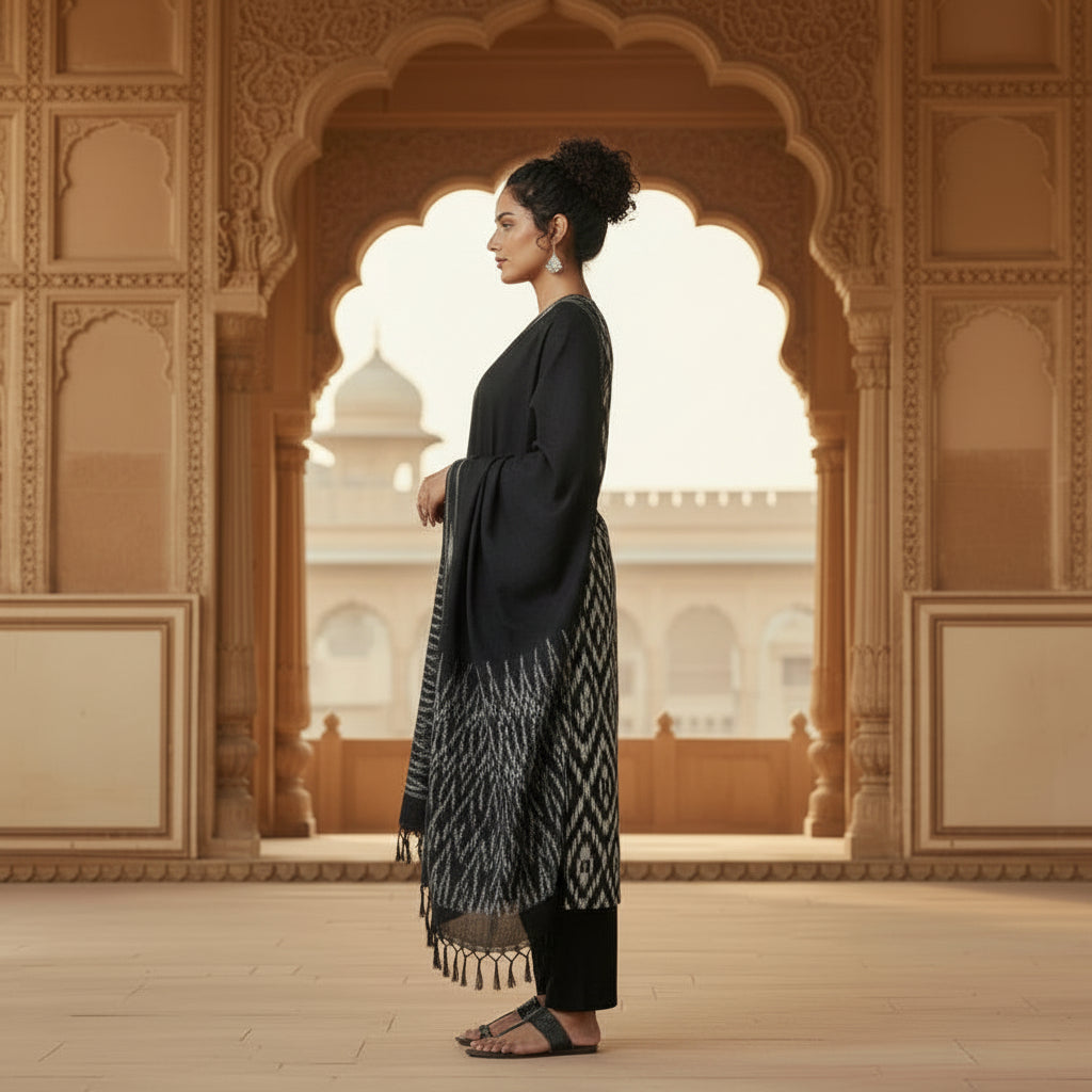 Woman in traditional attire standing in a decorative architectural setting
