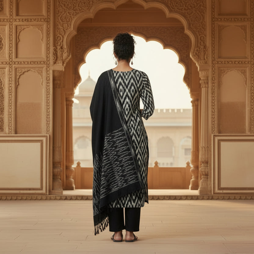Woman in traditional attire standing in a decorative architectural setting