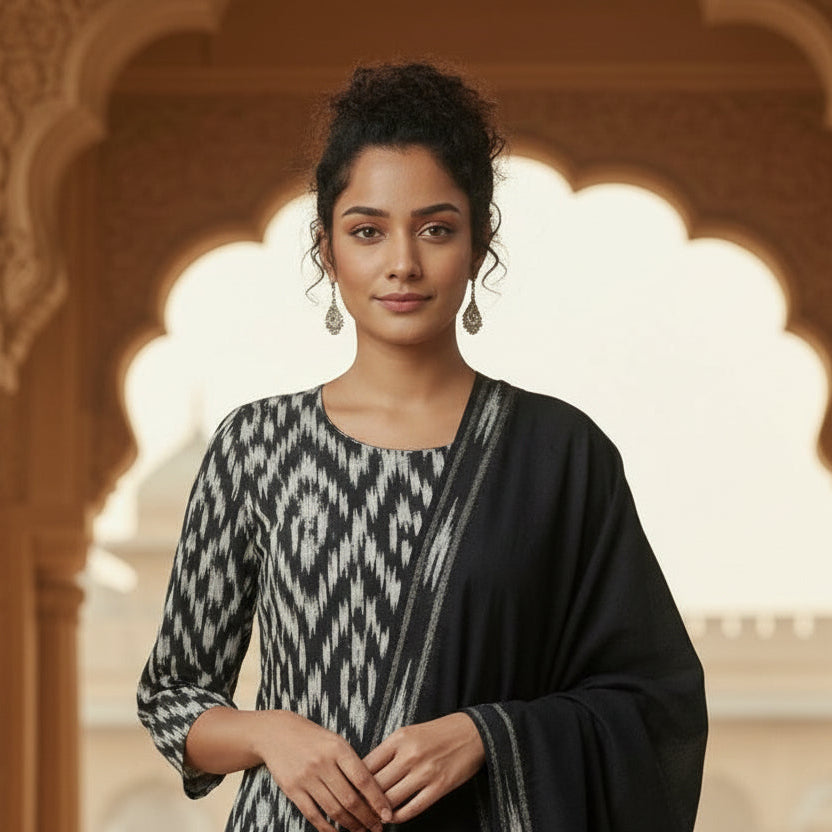 Woman in traditional attire standing in a decorative architectural setting
