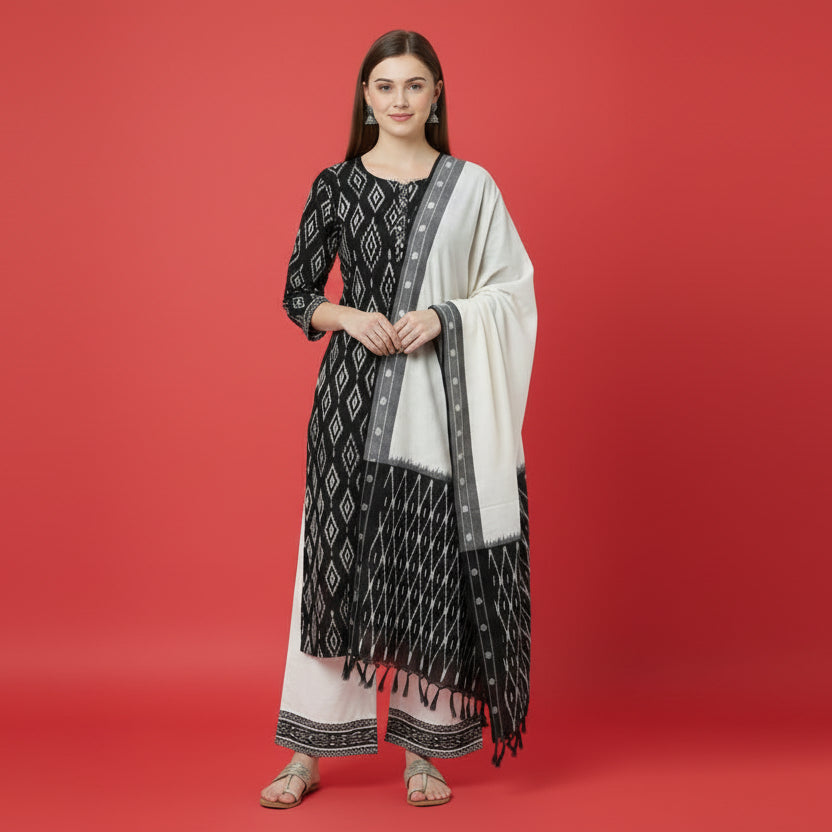 Woman wearing a black and white patterned dupatta on a white background