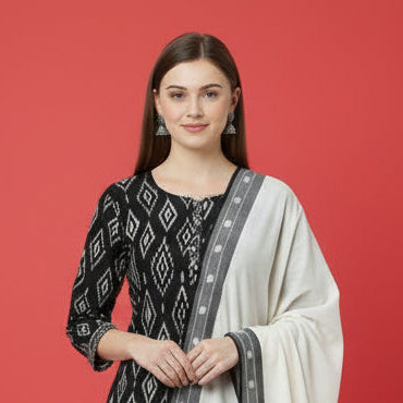 Woman wearing a black and white patterned outfit on a red background