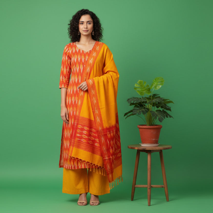 Woman wearing a traditional outfit with a yellow and red pattern on a white background