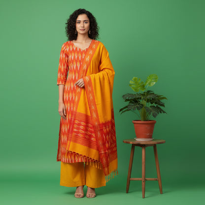 Woman wearing a traditional outfit with a yellow and red pattern on a white background
