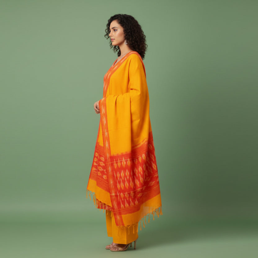 Woman wearing a bright orange and yellow traditional outfit on a gray background