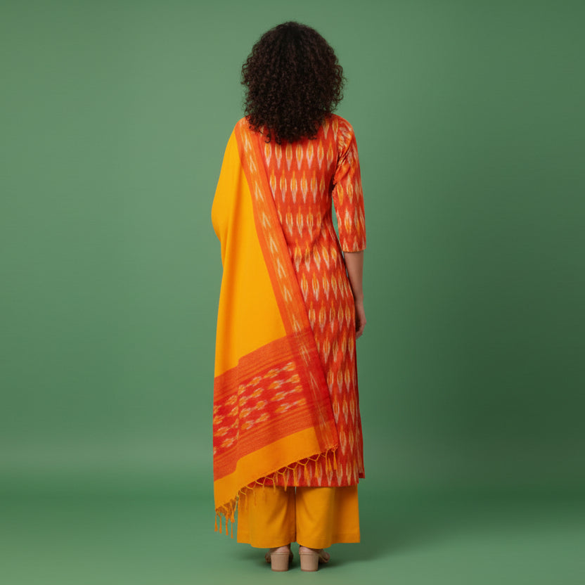 Woman wearing a bright orange and yellow traditional outfit on a gray background