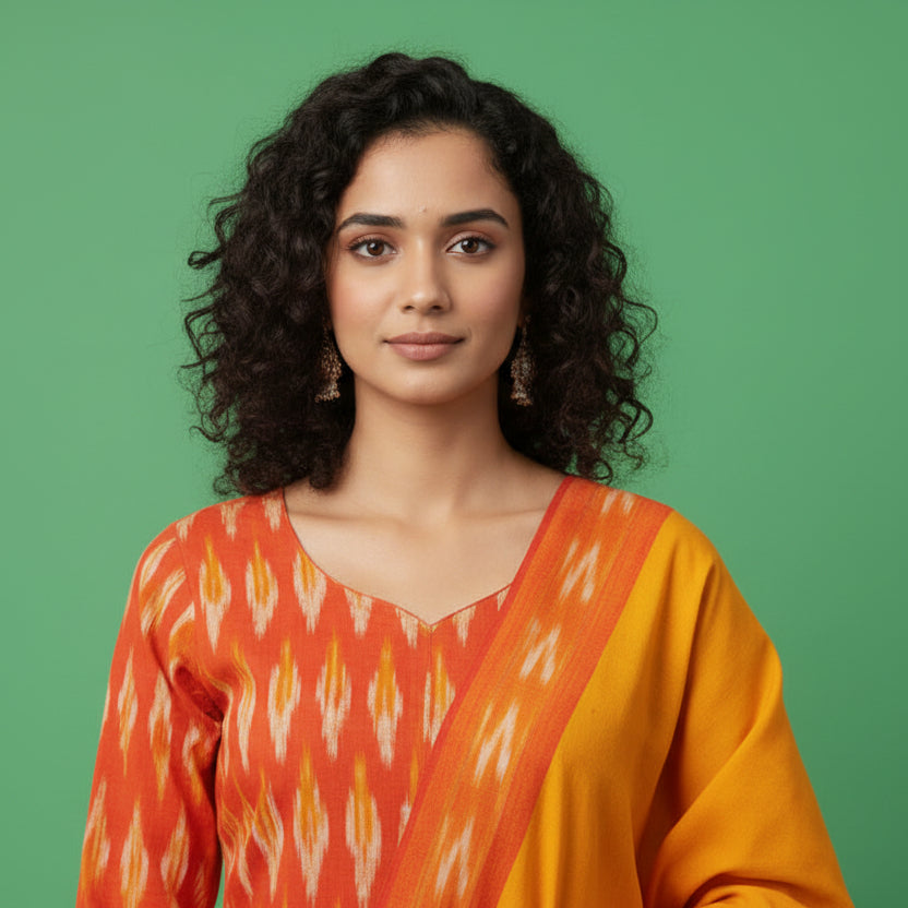 Woman wearing a traditional outfit with orange and yellow patterns standing next to a plant on a green background