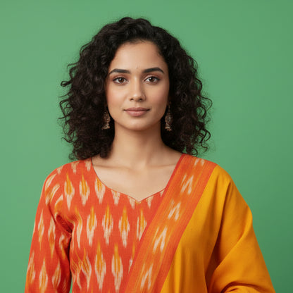 Woman wearing a traditional outfit with orange and yellow patterns standing next to a plant on a green background