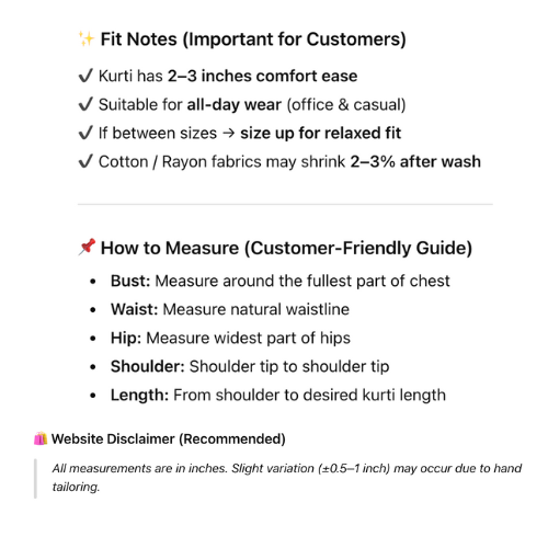 Text document with fit notes and measurement guide for a kurti on a white background