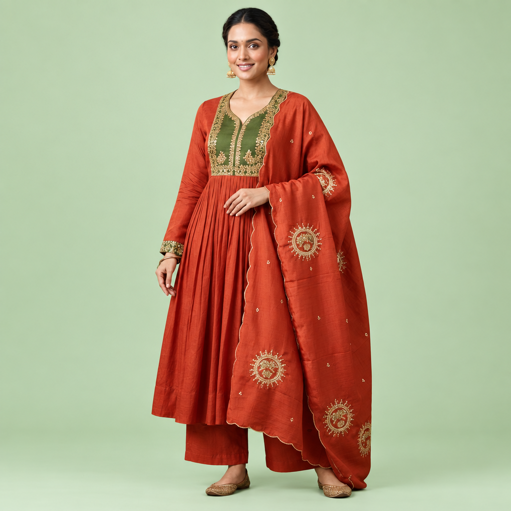 A woman modeling a rust-orange Anarkali kurta set with a matching dupatta. The kurta features a contrasting olive green V-neckline with gold embroidery, and the dupatta is decorated with gold sunburst motifs.