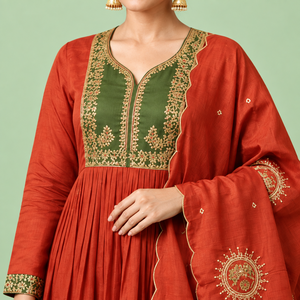 A woman models a rust-orange traditional Indian outfit consisting of a long-sleeved kurta with an olive green embroidered yoke, matching pleated palazzo pants, and a coordinating dupatta decorated with gold sun motifs, set against a solid light green background.