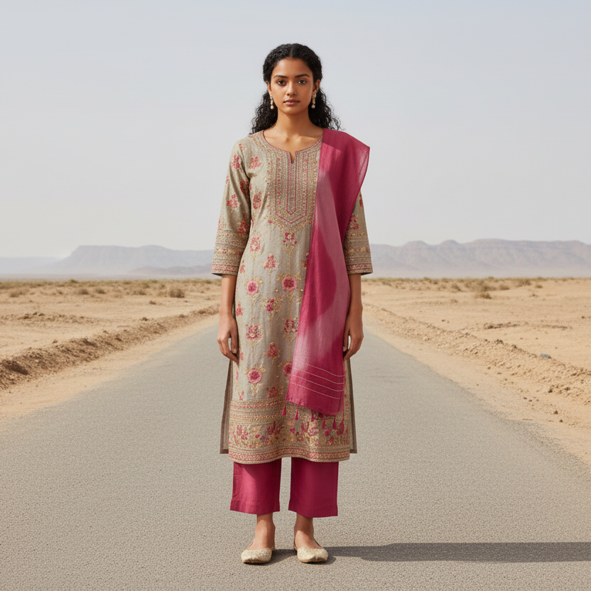 Woman wearing a gray floral dress with a pink dupatta on a white background