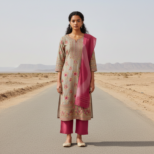 Woman wearing a gray floral dress with a pink dupatta on a white background