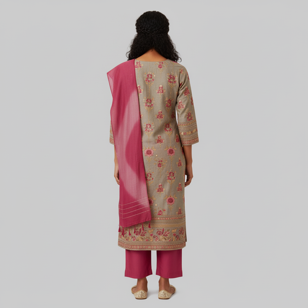Woman wearing a traditional outfit with a floral pattern and pink dupatta on a gray background