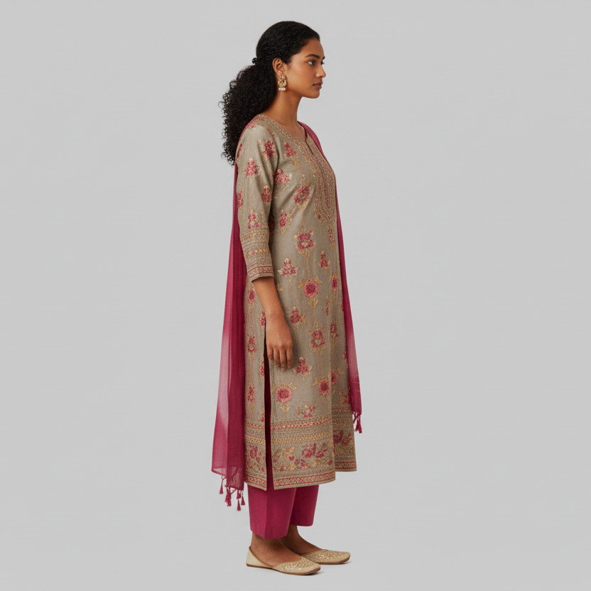 Woman wearing a traditional outfit with a floral pattern and pink dupatta on a gray background
