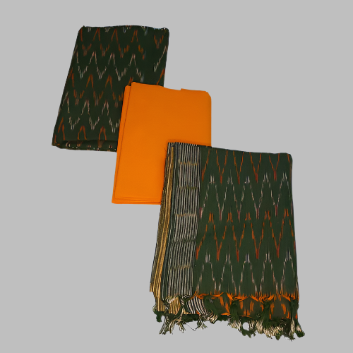 A set of three traditional Indian fabrics with geometric patterns in dark green, yellow, and white colors, displayed flat.