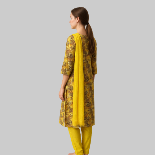 Woman wearing a yellow and black patterned outfit with a yellow dupatta on a white background