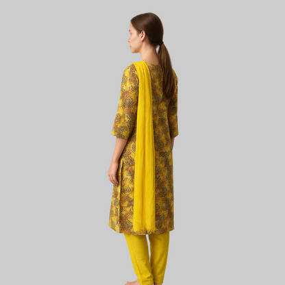 Woman wearing a yellow and black patterned outfit with a yellow dupatta on a white background