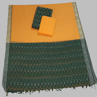 Pochampally Ikkat Dark Green and Yellow  and White Waves