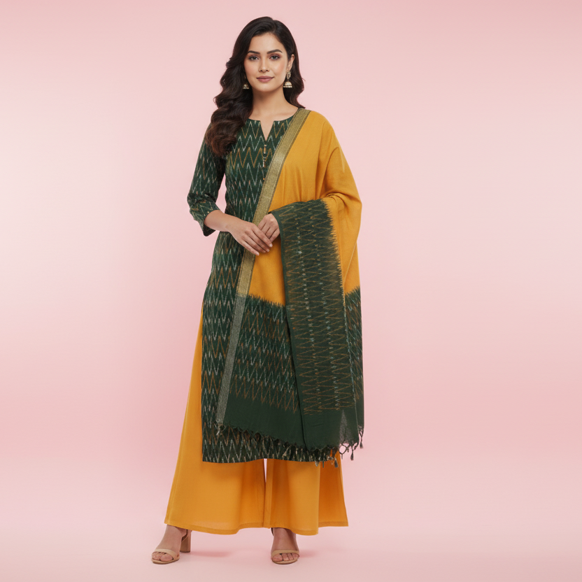 Green and orange fabric with a pattern on a gray background