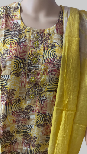 Mannequin wearing a patterned yellow and multicolor outfit with a yellow dupatta on a white background