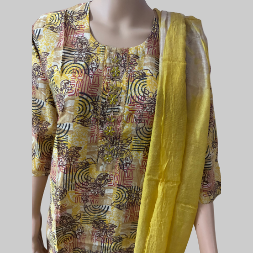 Mannequin wearing a patterned yellow and multicolor outfit with a yellow dupatta on a white background