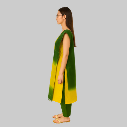 Woman wearing a green and yellow dress with a plain background