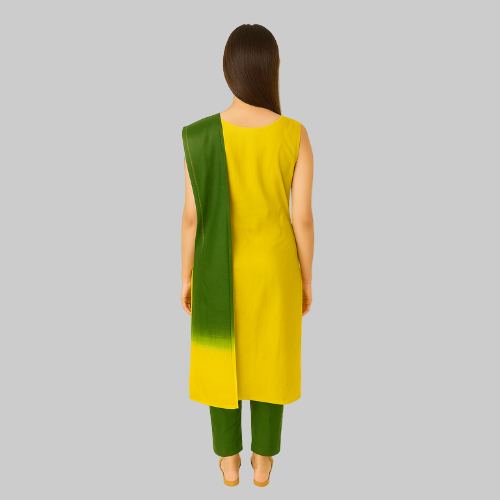 Woman wearing a yellow and green dress with a white background