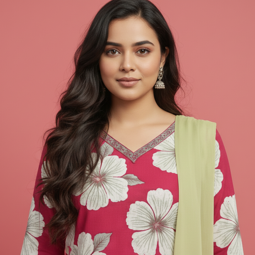 Woman wearing a pink floral outfit on a pink background