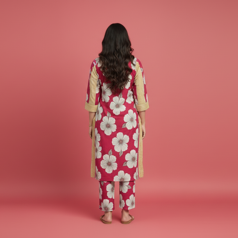 Woman wearing a pink floral outfit on a pink background