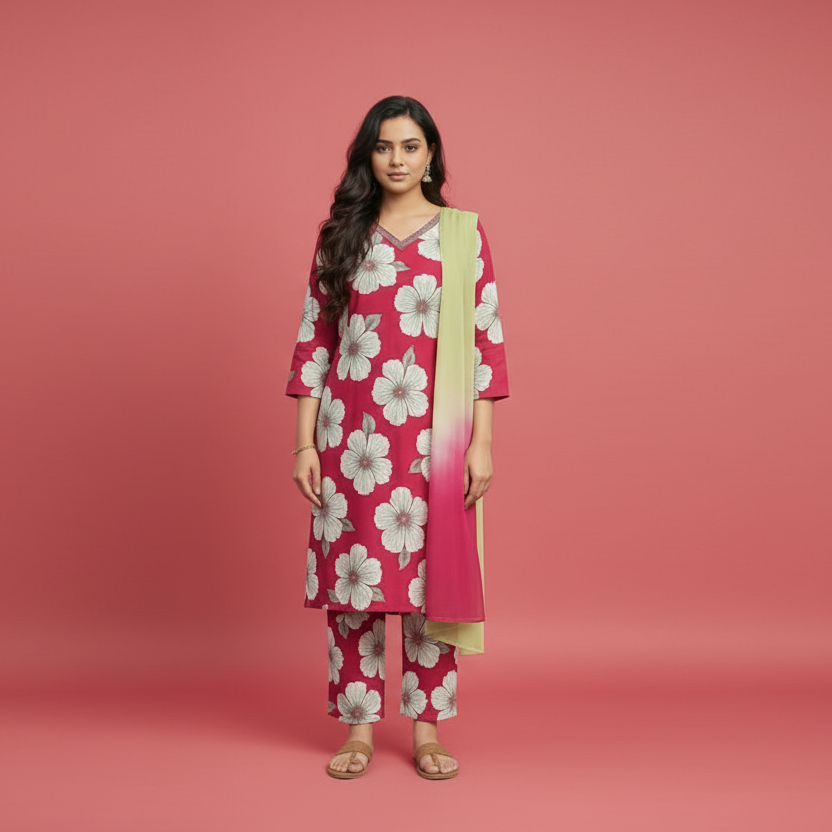 Woman wearing a pink floral dress with a green dupatta on a white background