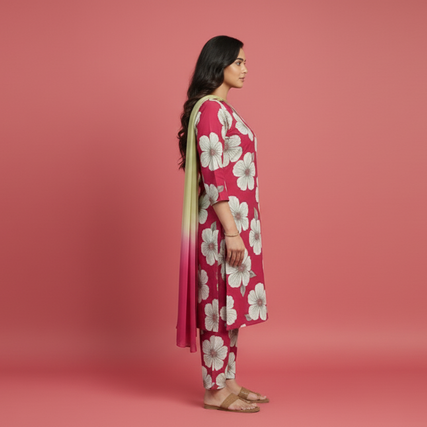 Woman wearing a pink floral outfit on a pink background