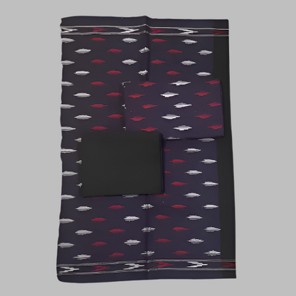 Navy blue fabric with red and white pattern on a gray background