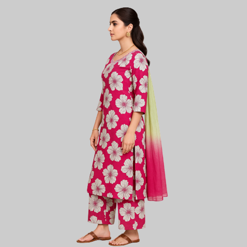 Woman wearing a pink floral outfit with a white background