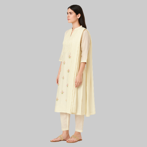 Woman wearing a light yellow kurta with a matching jacket on a white background