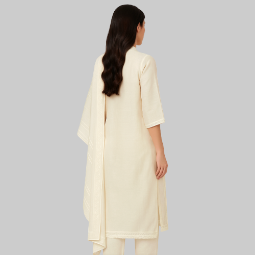 Woman wearing a beige long shirt with a plain background